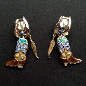 Western Cowboy Boot & Hat Butterfly Drop Earrings in Blue and Brown